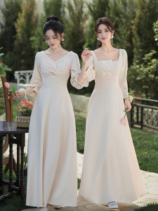 Silk Satin Maids of Honor Dresses Slimming Sisterhood Skirts High Waist Long Sleeve Wedding Gowns Meat Concealing Chinese Style