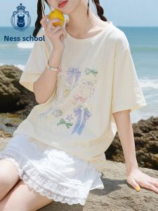 niffeilu | Pure Cotton Butterfly Knot Short Sleeve T-Shirt 2025 Summer New Style Dopaamine Girl Big Kids Middle High School Students Top