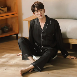 ชุดนอนผู้ชาย ผ้าไมโครไฟเบอร์ เสื้อเชิ้ตผ้าซาติน แขนยาว ชุดนอนลำลอง ไซส์ใหญ่ ชุดนอนใส่สบาย