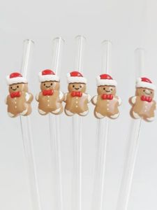 1/2/5PC Reusable Glass Straw with Cute Gingerbread Pattern Elegant Holiday Party Drinkware Perfect Gift for Women HomeOffice