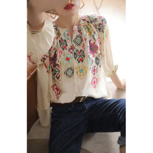3/4 Sleeve Loose Floral Womens Shirt