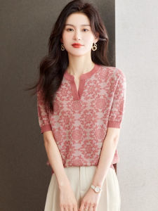 WANGGONGZHU | V-Neck Ice Silk Short Sleeve T-Shirt Womens Spring Summer New Style Lyocell Loose Slimming Fashion Top Princess Style