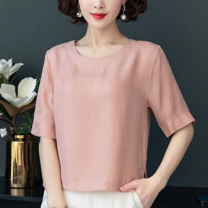 เสื้อยืดไหมสีทองฤดูร้อนสำหรับผู้หญิง เสื้อยืดคอกลมแขนสั้นทรงหลวม ปกปิดหน้าท้อง เสื้อผ้าทำงานสไตล์แม่