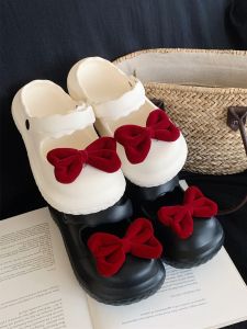 Thin Mesh Red Young Adult Heart Bows Beach Sandals Summer Fashion All-Matching Thick Bottom Toe Cap Half Slippers for Women