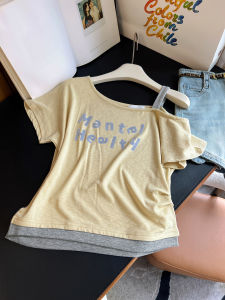 AMILUCK | Womens Shoulder Bared Strap T-shirt Short Sleeve Asymmetrical Collar Print Design Cotton Summer Top Trendy Commute Style