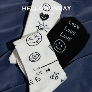 Hello Monday Black and White Mid-Calf Smiley Socks