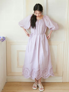 LBAORAW Loose Floral Skirt Dress Gathered Sleeveless 3D Floral Embroidery Long Summer Dress Cotton Nylon Blend round Neck