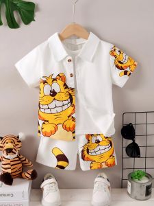 MIKRDOO ชุดสูทสำหรับ1-6Years เด็กทารกชาย2ชิ้นลายตัวการ์ตูนแขนสั้นคอตั้งน่ารักลายแมวเสื้อผ้าเด็กเสื้อผ้าลำลอง