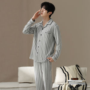Miiow | Mens Pure Cotton Pajamas Set Catman Autumn Winter Home Wear Fashionable Long Sleeve Round Neck Sleepwear Comfortable Breathable