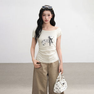 BAIDAIFEI | Flower Gray One-Shoulder Asymmetrical Slim Fit T-shirt