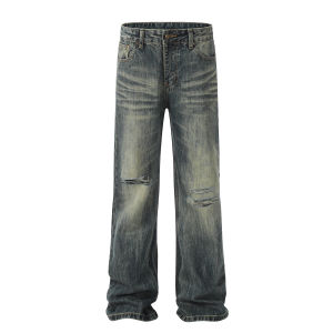 Easepure American High Street Washed Loose Mens Jeans Flared Casual Wear Youth Fashion Straight Leg Durable Denim