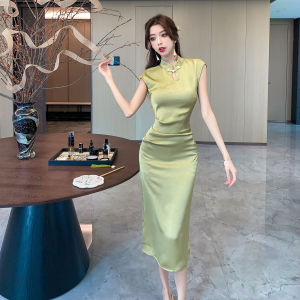 Impression Fashion Store Chinese Style Cobalt Green Cheongsam Dress Slim Fit Waist-Cutout Long Gown for Women