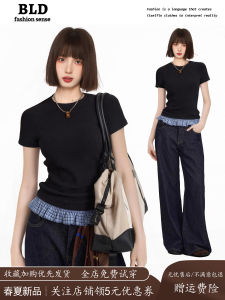 Áo Thun Tay Ngắn Màu Đen Kiểu Mỹ Dành Cho Nữ Mùa Hè Áo Ngắn Eo Cao Ôm Vừa Vặn Cổ Tròn Chất Liệu Khác Thường Ngày