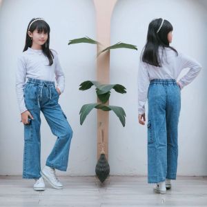 Celana Kulot Jeans Cargo Anak Usia 7-12th Highwaist Pinggang Karet Tali/Kulot Cargo Highwaist Anak Celana Panjang Anak