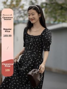 Mixd | Square Collar Flower Printed Chiffon Black Dress