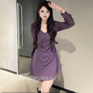 ชุดเดรสยาวเอวสูงเข้ารูปไซส์ใหญ่ แขนยาว ผ้าฝ้ายผสม ทรงเข้ารูป ดีไซน์ผูกเชือก เดรสฤดูใบไม้ร่วงสำหรับผู้หญิงไซส์ใหญ่