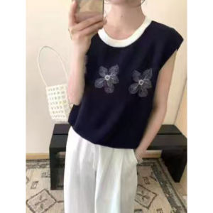 YUEZHONGWEI | Summer Ice Silk Knitted Top Womens Loose Fit Sleeveless Embroidered Fly Sleeve Vest Thinming Outerwear Casual Style