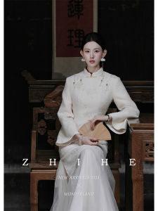 Elegant New Chinese Style Heavy Embroidery Woolen Material Cheongsam Dress with Tulle Skirt by Zhihe Wonderland