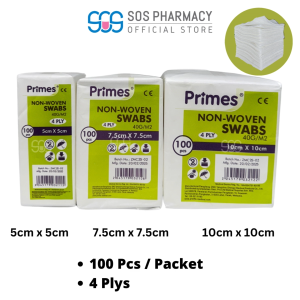 Primes Non-Woven Swab (70% Viscose & 30% Polyester 4ply 40g/m²)- 100s/pkt (5cm/7.5cm/10cm)