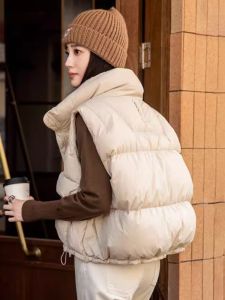 Womens Short Sleeveless Stand Collar Bread Jacket 2024 Winter Thickened Casual Style Pure Color Quilted Cotton Vest