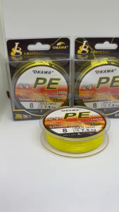 สาย PE 100 M.PE ถัก 8 เส้น (เส้นไหมพิเศษ) เคลือบ DYNEEMA เอ็นตกปลา OKAWA ของแท้ 100%