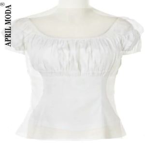 2024 R Vintage Woman Blouse Puff Sleeve Summer Low Back Peasant Womens 50s 60s Pinup Cotton White Plus Casual Tops
