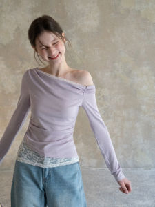 Shoulder-off Lace Splice Long Sleeve Tshirt Waist-defining Blouse