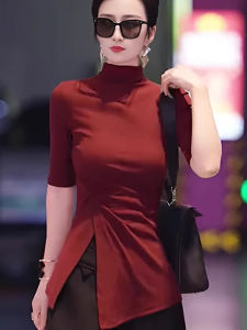 Áo Thun Cổ Cao Ôm Vừa Vặn Thời Trang Màu Trơn Không Đều Tay Ngắn Mùa Hè Cho Nữ Áo Sơ Mi Cơ Bản Cổ Cao Tay Ngắn Màu Trơn