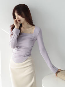 MZOMXO French Style Slim Fit Irregular Pleated Knit Shirt Women 2024 New High Elasticity Airy Cotton Top