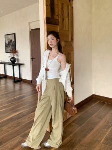 Low Waist Straight Leg Pants Khaki Color Casual Drapey Knife Edge Versatile Korean Style Long Trousers for Women Autumn 2025