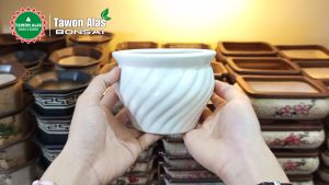 POT KERAMIK Bonsai Bunga Bulat Ulir Cantik Unik