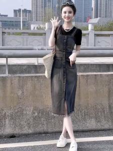 Retro Hong Kong Style Faded Denim Overalls Womens Summer Versatile Inner Match T-shirt Strap Dress Two-piece Set High Waist A-line Skirt Short Sleeve round Neck