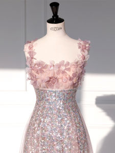 สีชมพู ไม่มีสาย ประกาย สำหรับงานกลางคืน ชุดราตรี สําหรับนักเรียนสอบศิลปะเพื่อนเจ้าสาวรับจัดงานแต่งงาน เดรส ความยาวพื้น สไตล์เกาหลี ยาว กระโปรง