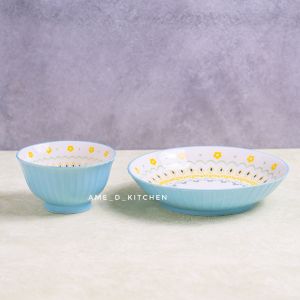 Paket perlengkapan makan keramik set isi 2 pcs piring buah dan mangkok nasi warna pastel texture garis