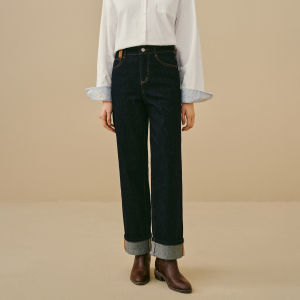 INMAN | Retro Fleece Hem Straight Jeans with Stretch and Slimming Effect