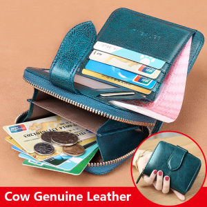 BANYANU Dompet Wanita Cowhide Women Zipper Coin Purse Original Genuine Leather Small Wallet for Girls