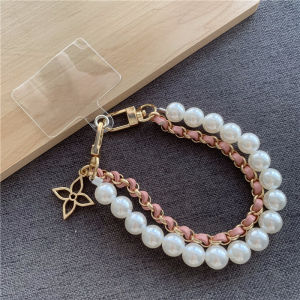Small Flower Pendant Mobile Phone Lanyard Short Wrist Lanyard Pearl Leather String Lanyard Hand Woven Anti Loss Hangding Rope