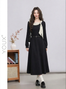 YOUXIANG | Đầm A-Line Tay Dài Phong Cách Pháp Cổ Điển Màu Đen