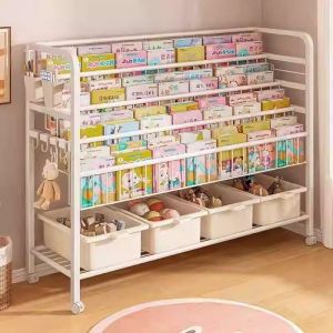ตู้หนังสือสำหรับเด็ก ตู้หนังสือแบบจัดระเบียบ โต๊ะอ่านหนังสือในบ้าน ตู้เก็บของแบบมีหลายชั้น วัสดุเหล็กคาร์บอน สไตล์เรียบง่าย
