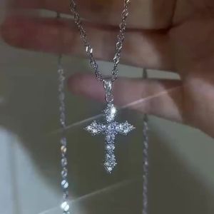 Womens Cute Silver Zircon Cross Pendant Necklace Thin Chain Party Jewelry Birthday Gift for Girls