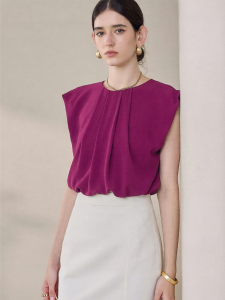 Roey s house | Fashionable French Style Pure Color Snow Silk Round Neck Sleeveless Shirt