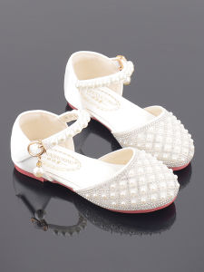 Princess Shoe for Girls Soft Bottom Flat Performance Single Crystal Silver White Baby Childrens Leather Shoe round Toe TPR Outsole