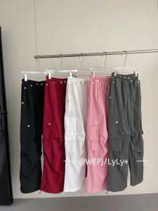 กางเกงทำงานผู้หญิงสีชมพูสไตล์อเมริกันย้อนยุคแห้งเร็ว กางเกงขายาวทรงหลวมเอวยางยืด กางเกงขายาวลำลองสำหรับผู้หญิง