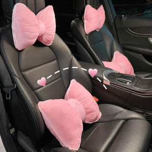 Comfortable Soft Pink Plush Car Headrest Lumbar Support Cartoon Bowknot Car Waist Neck Pillow Car Interior Decoration For Winter