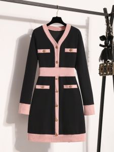 Elegant V-neck Knitted Dress Womens Spring Autumn plus Size Slimming High Waist Midi Skirt Korean Style Commute Fashion