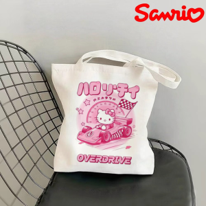 Sanrio | 1pc Cool Hello Kitty Overdrive Racing Print Canvas Tote Bag Large Capacity Eco-friendly Handbag