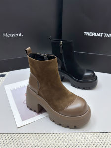 รองเท้าบูทมาร์ตินหนังแท้ส้นหนาสำหรับผู้หญิง ฤดูใบไม้ผลิและฤดูใบไม้ร่วง ทรงหัวมน ด้านข้างเปิด ซิป ทรงสั้น สไตล์ย้อนยุค