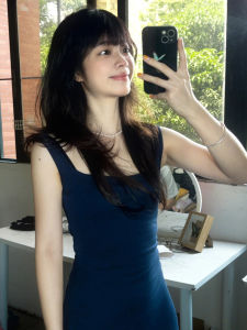 Váy Dài Chữ a Màu Xanh Lam Gợi Cảm Mùa Hè 2025 Mới Cho Nữ Váy Dài Không Tay Cổ Vuông Dáng H