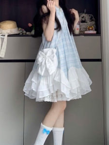 Y6Y | French Blue Plaid Sleeveless Neck Hanging Strap Dress Women Summer New Style Vest Short Skirt Sweet A-Line Skirt Polyester Fiber