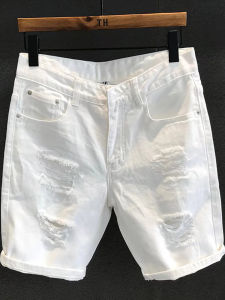 Quần Short Denim Nam Mùa Hè 2025 Màu Trắng Rách Co Giãn Vừa Vặn Quần Ngựa Năm Điểm Thời Trang Đa Năng Quần Dài Vừa